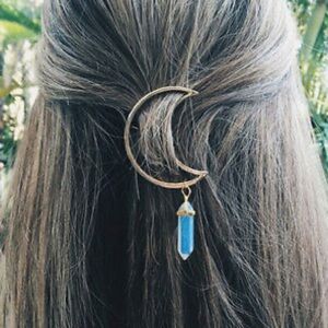 Gold Crescent Moon Gemstone Hair Clip Boho Celestial Barrette Festival Jewelry